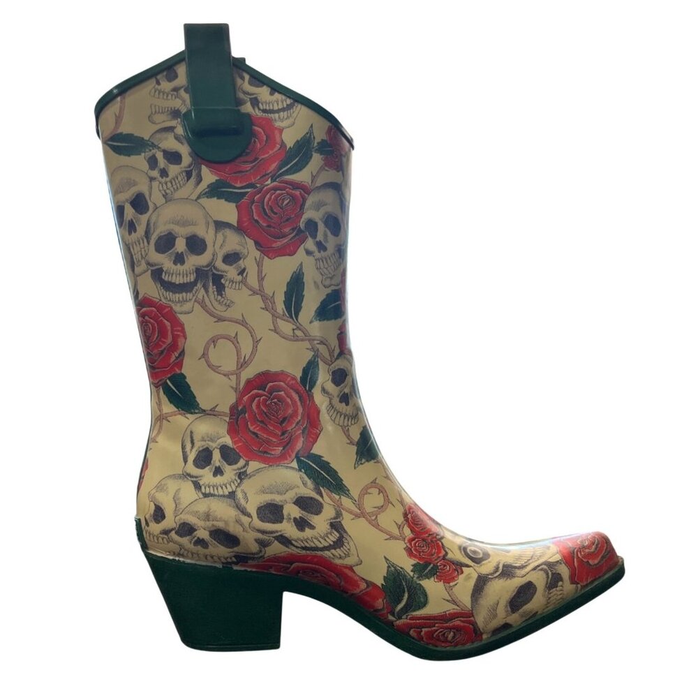 Corkys Womens Skull & Rose Print Cowboy Rain Boots Rubber Size EU 38 / US 8 - Picture 8 of 10